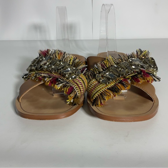 Crown Vintage Somaya Fringe Boho Jeweled Slip on Leather Open Toe Sandals Tan 9M - Picture 16 of 16